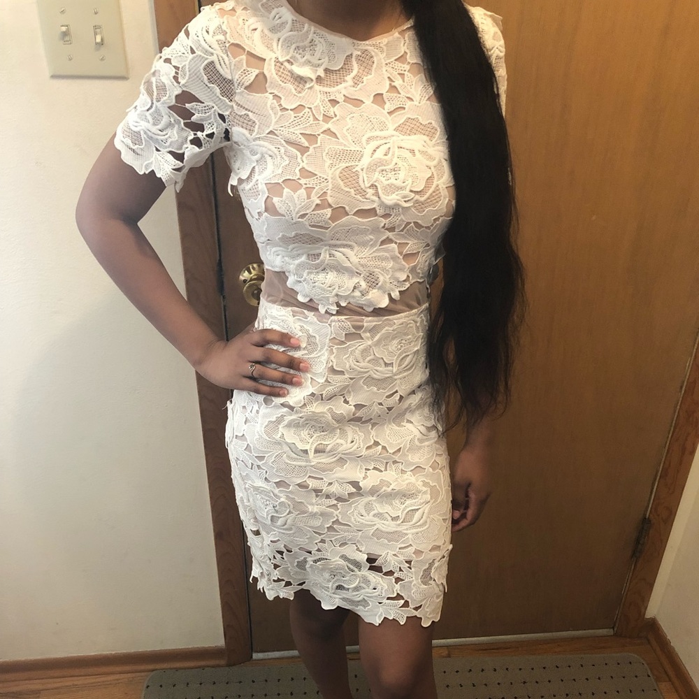white dress with nude mesh detail